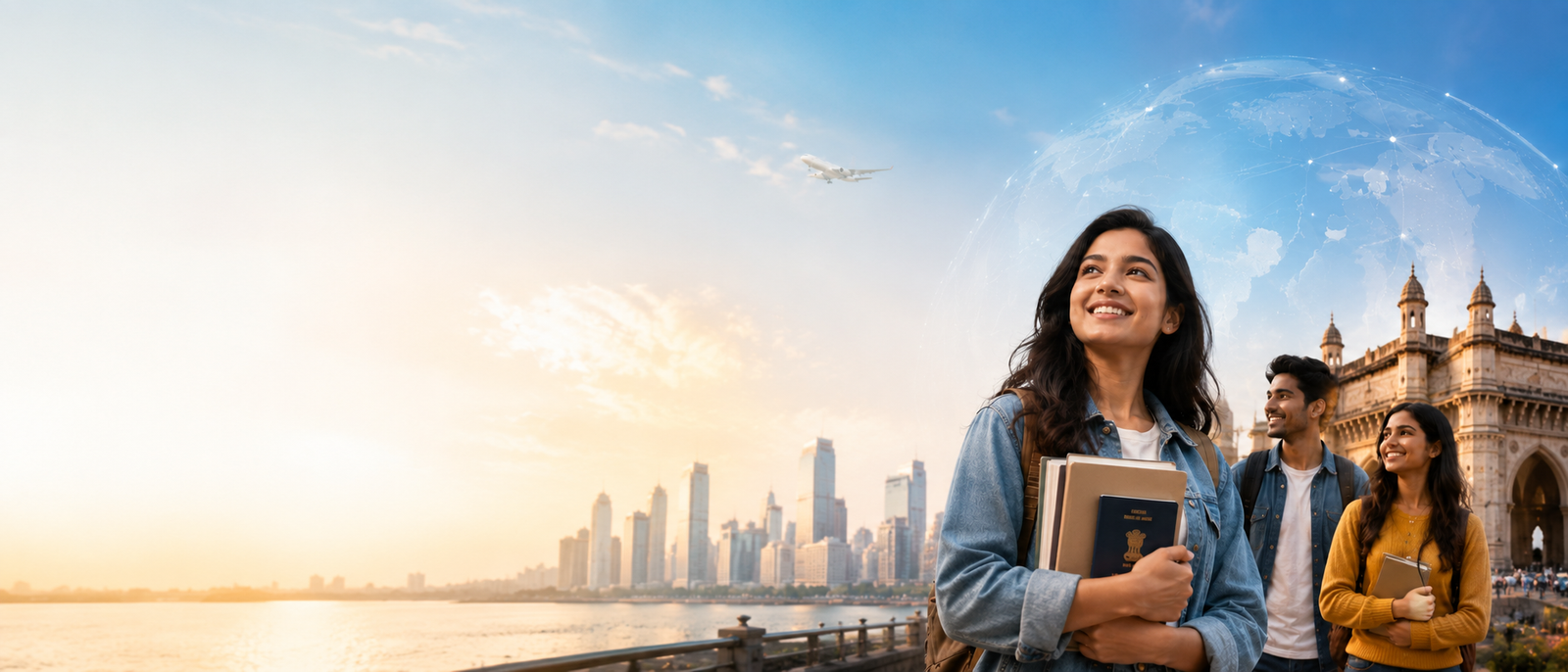 Smiling student by a city skyline at sunset with a globe